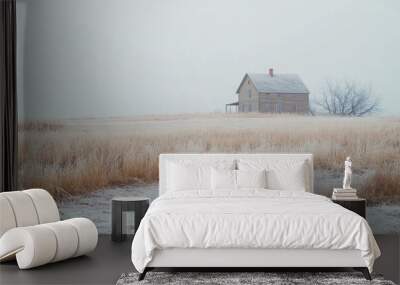 A small, old house sits in a field of snow Wall mural