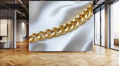 A smooth gold chain with a polished finish, laying on a white satin background, close-up, elegant, luxurious, detailed, f/2.0 --ar 5:3 --v 6.1 Job ID: c71c871c-4d1c-4561-82f2-07f9b10709a5 Wall mural