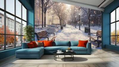 A snowy park with two benches and a few trees Wall mural