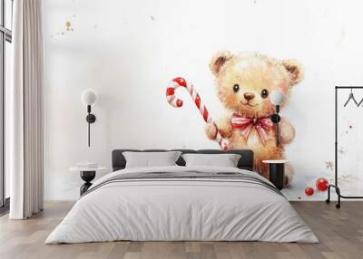 A teddy bear holding a red and white cane Wall mural