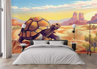 A turtle is walking across a desert landscape Wall mural