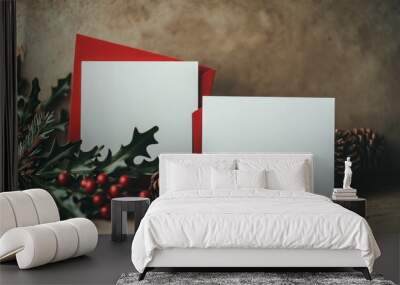 A white card with red trim sits on a table next to a red card Wall mural