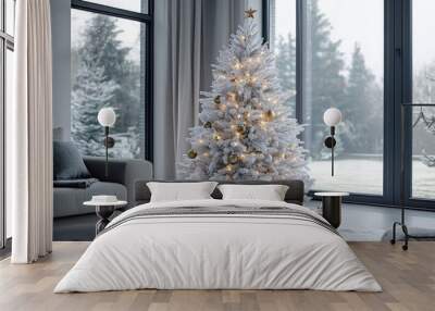 A white Christmas tree with gold ornaments sits in a living room with a window Wall mural