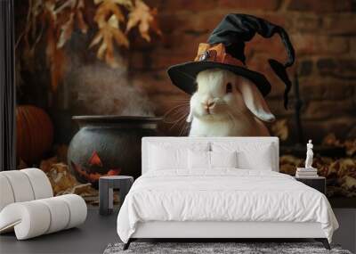 A white rabbit with floppy ears, donning a hat, sitting next to a cauldron Wall mural