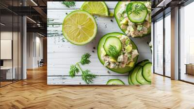 Avocado and tuna salad on cucumber slices on a light wooden background Wall mural