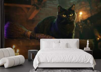 Black cat perched confidently on a witch's broom Wall mural