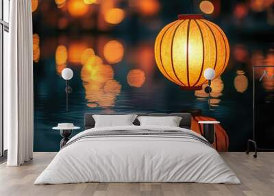 Close-up of a traditional paper lantern, glowing softly on water Wall mural