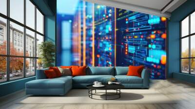 Cloud computing background with server racks and digital data streams Wall mural