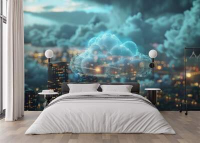 Cloud computing servers against a backdrop of a digital cityscape Wall mural