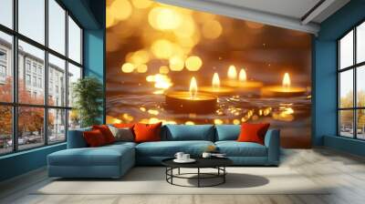 Cluster of glowing lanterns drifting on a still pond, soft golden light illuminating the scene Wall mural