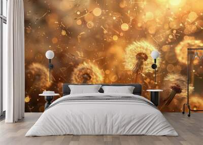 Dandelion fuzz dancing in golden light, graceful, mesmerizing Wall mural