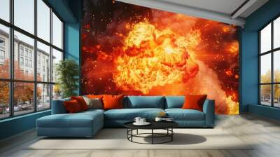 Detailed capture of an explosion in motion, showcasing the fiery bursts against a black backdrop Wall mural