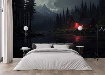 Fantasy landscape with house in the middle of the lake. Red light from the window. Wall mural