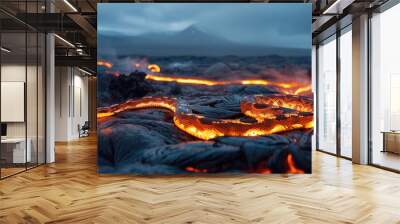 Fire snake in volcanic landscape, fantastic glowing snake Wall mural