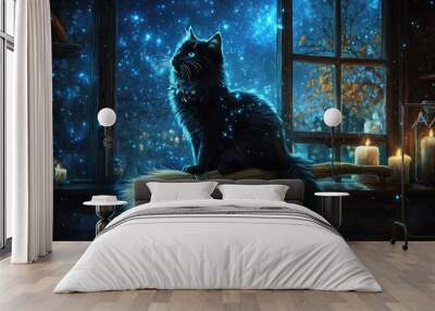 Fluffy black cat sitting daintily on a floating broom Wall mural