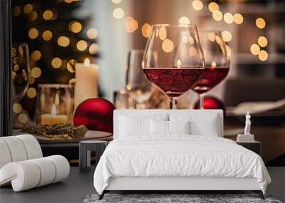 Glasses of wine on a table with Christmas decorations and bokeh Wall mural