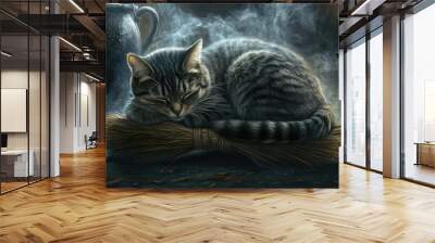 Gray tabby cat curled up comfortably on a floating broom Wall mural