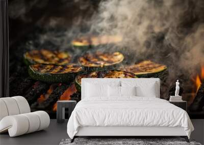 Grilled zucchini and eggplant slices roasting over red-hot coals Wall mural