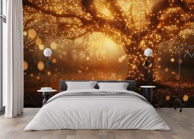 Nearly bare tree covered in fairy lights, golden light glowing Wall mural