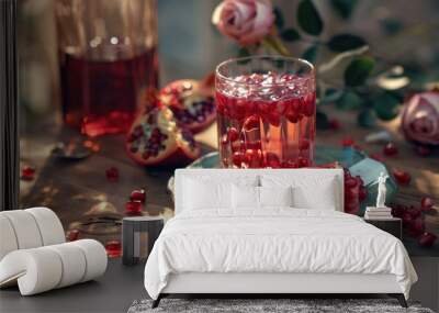 Pomegranate juice in a glass and pomegranate seeds Wall mural