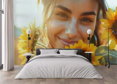 Portrait of a woman in a white dress holding sunflowers Wall mural