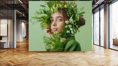 portrait of beautiful girl with floral wreath on head on green background Wall mural