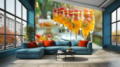 Refreshing fruit cocktails in stylish glasses with tropical fruits skewers Wall mural