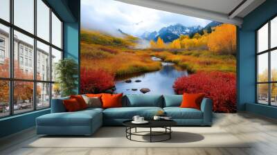 Serene autumn landscape, mountain peaks, amber foliage, misty morning Wall mural