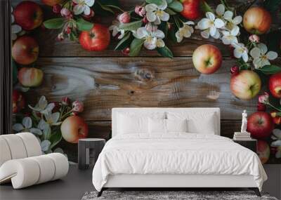 Top view of various autumn apples on a wooden table Wall mural