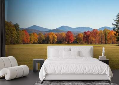 Tranquil fall landscape, open field, colorful trees Wall mural