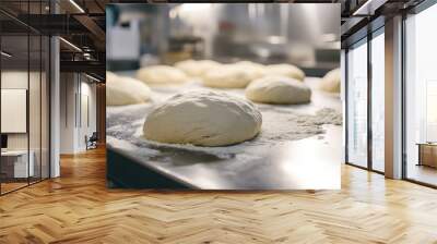 Unshaped bread dough on a metal table, industrial kitchen Wall mural