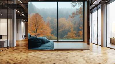 Warm interior, large window, view of misty autumn landscape Wall mural