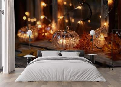 Warm white string lights with glass pumpkins and leaves, cozy autumn scene Wall mural