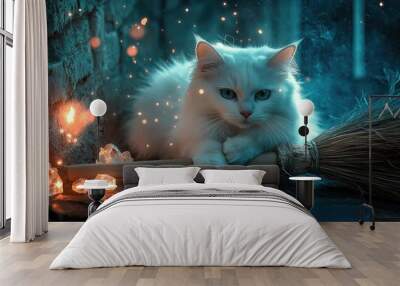 White cat with bright eyes sitting calmly on a broomstick Wall mural