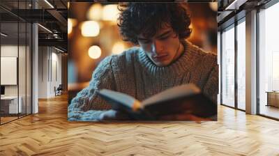 Young man with curly hair, wearing a sweater, concentrated on a book Wall mural