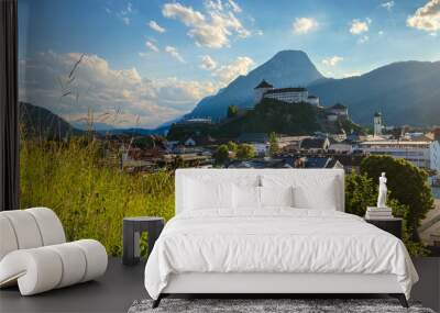 Cityscape of Kufstein, Austria with the Kufstein castle on a hill and the Pendling Mountain in the background. Wall mural