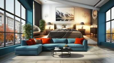 Luxury master bedroom interior with a big large comfortable bed, modern light bedroom with wooden furniture, elegant room interior, stylish bedroom at a residence Created with Generative AI Tools Wall mural