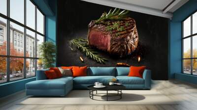 Yummy beef grill steak on a table in a dark black background with fire and smoke, food photograph, food styling Wall mural