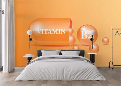 Capsule vitamin B2 structure orange and white with circular bubbles flowing out orange background. Beauty concept. Personal care. 3D Vector Illustration. transparent capsule pill. Drug business concep Wall mural