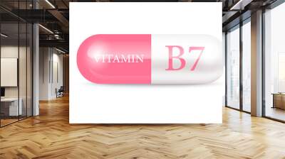 Capsule vitamin B7 structure pink and white. Beauty concept. Personal care. 3D Vector Illustration. transparent capsule pill. Drug business concept. Vitamin complex with chemical formula. Wall mural