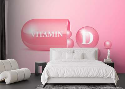 Capsule vitamin D structure pink and white with circular bubbles flowing out. Beauty concept. Personal care. 3D Vector Illustration. transparent capsule pill. Drug business concept. Wall mural