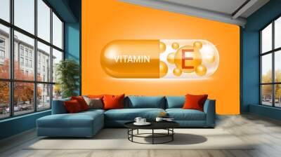 Capsule vitamin E structure orange and white It's transparent and vitamin pill is on inside. Beauty concept. Personal care. 3D Vector Illustration. transparent capsule pill. Drug business concept. Wall mural