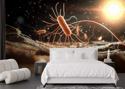 Microscopic view of bacteria in a vibrant environment under light. E coli Wall mural