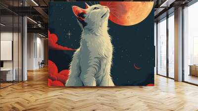 illustration of a cute cat with red and blue eyes, watercolor illustration Wall mural