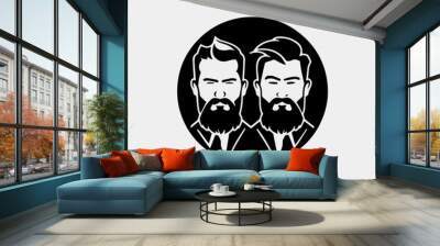 Pair of vector bearded men faces hipsters with different haircuts, mustaches, beards. Perfect for Silhouettes, avatars, heads, emblems, icons, labels. Wall mural