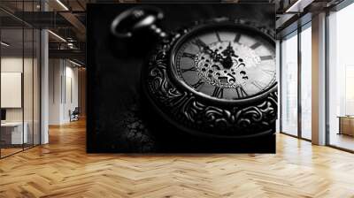 vintage watch on black leather chain Wall mural