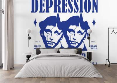 Depression people illustration Retro Poster t shirt design, vector graphic, typographic poster or tshirts street wear and Urban style Wall mural