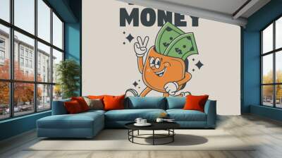 Funny cartoon character of wallet, money. Can be used as Sticker, posters, prints. Retro cartoon style. Vector illustration Wall mural