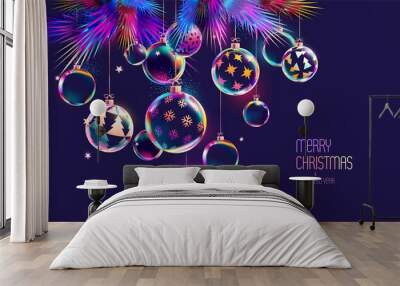 3D Christmas iridescent balls. Bright light decoration. Wall mural