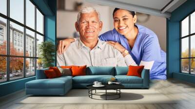 Happy woman, nurse and portrait of senior man with support, medical service and helping patient in retirement. Face of caregiver, elderly person and smile for trust, healthcare and nursing home Wall mural